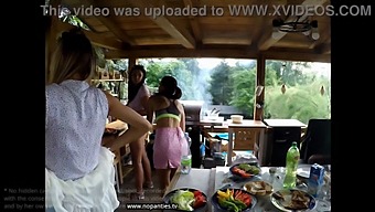 Outdoor Group Sex With Shaved Pussy Women In Skirts
